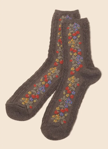Vintage Embroidered Strawberry Floral (Mocha Brown) Women's Crew Sock