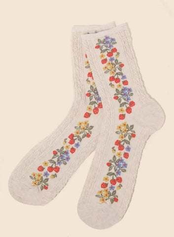 Vintage Embroidered Strawberry Floral (Natural) Women's Crew Sock
