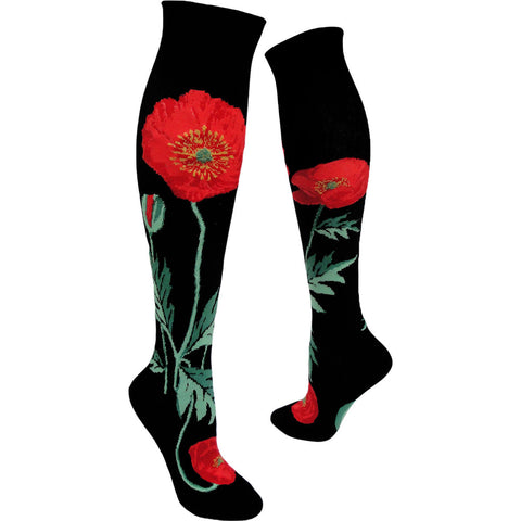 Poppies (Black) Women's Roll-Top Knee Highs