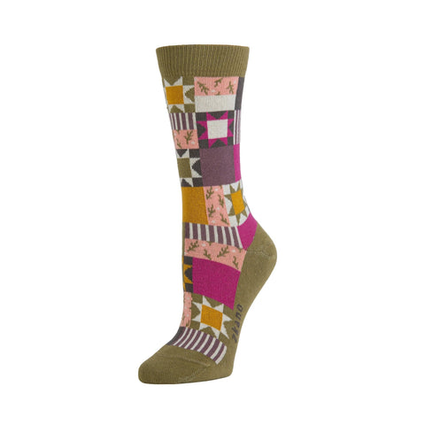 Dolly Patchwork Quilt (Olivine) Organic Cotton Crew Socks-Medium