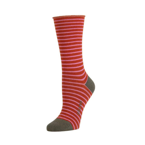 Rose Stripe Roll Top (Cinnamon) Organic Cotton Crew Socks-Medium