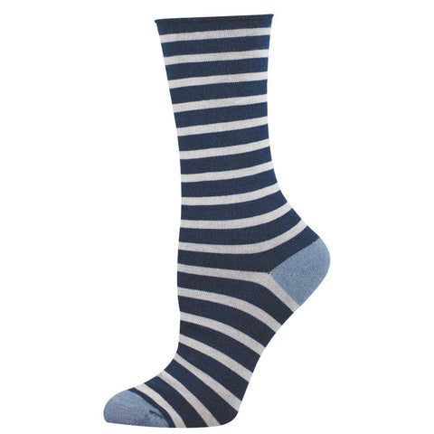Roll Top Sailor Stripe (Navy/Heather Ivory) Bamboo Crew Socks S/M