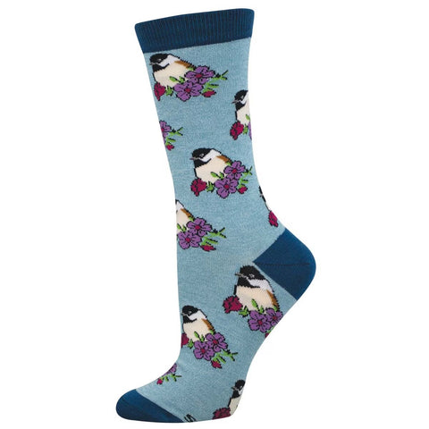 Perching Chickadee (Blue) Bamboo Crew Socks S/M
