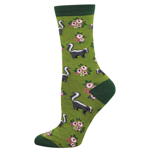 Love You Stinky, Skunk (Green Heather) Bamboo Crew Socks S/M
