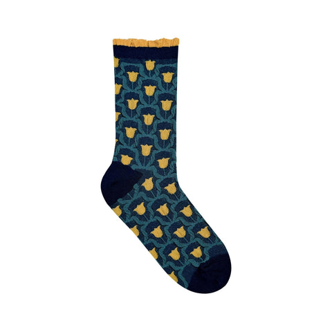 Glitter Frill Tulip (Navy/ Yellow) Crew Sock S/M