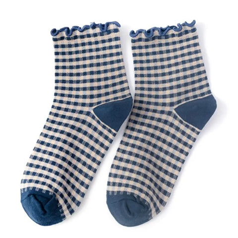 Lettuce Edge Plaid/Gingham (Navy) Ankle Socks S/M