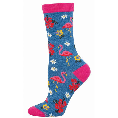 Flock Yeah, Flamingos (Blue) Bamboo Crew Socks S/M