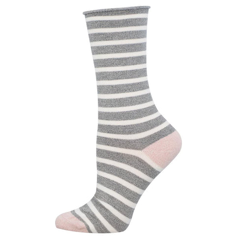 Roll Top Sailor Stripe (Cream/Gray) Bamboo Crew Socks S/M