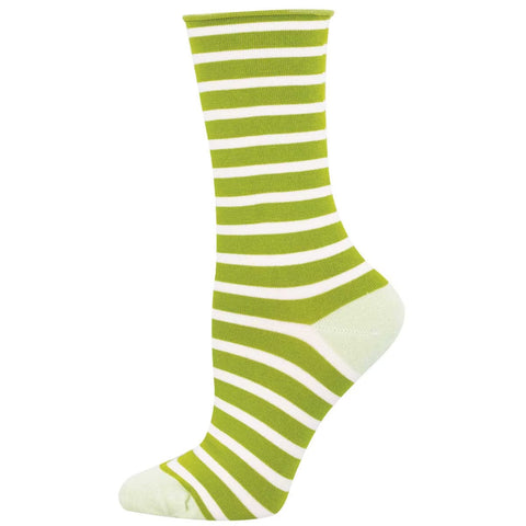 Sailor Stripe Roll Top (Green) Bamboo Crew Socks S/M