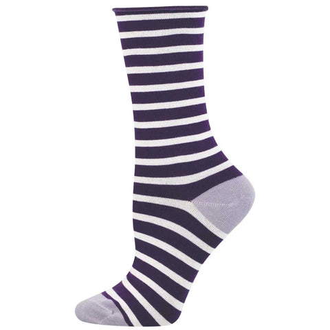 Sailor Stripe Roll Top (Purple) Bamboo Crew Socks S/M