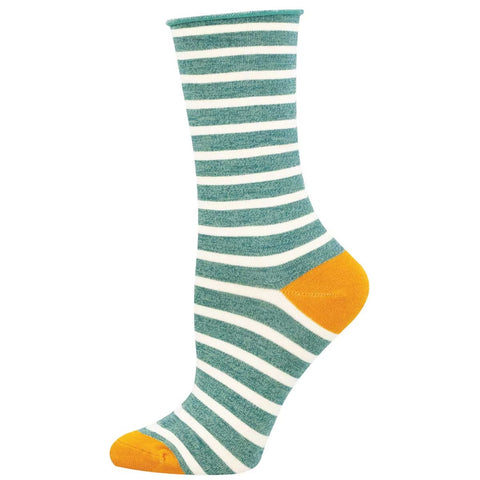 Sailor Stripe Roll Top (Teal Heather) Bamboo Crew Socks S/M