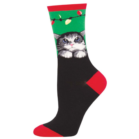 Purrty Lights, Cat (Green) Women's Crew Socks