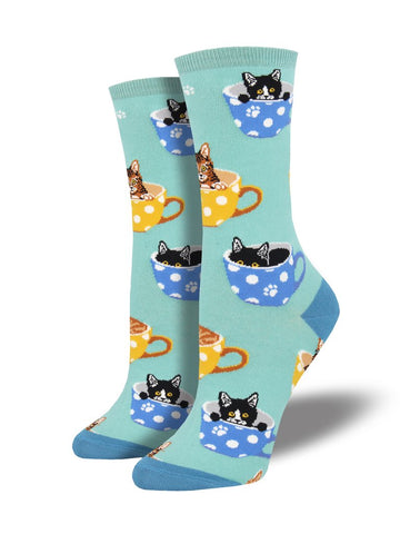 Cat-Feinated, Kitty (Sky Blue)Women’s Crew Socks