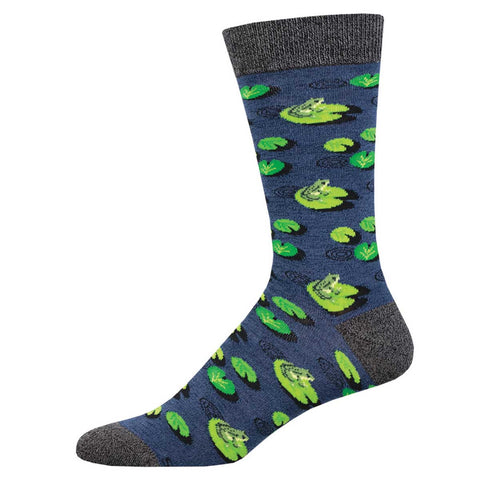 Leaping Lily Pads, And Frogs! (Blue) Bamboo Men's Crew Socks