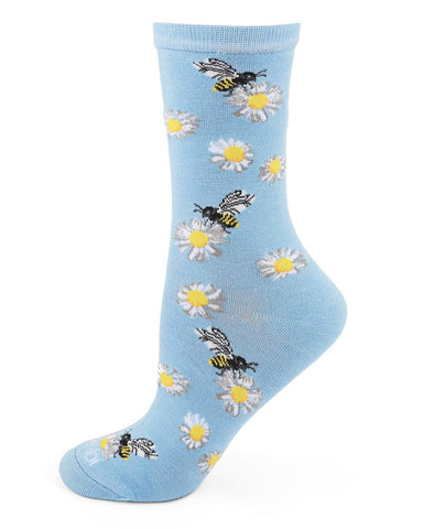 Bees and Daisies (Sky Blue) Women's Bamboo Crew Socks