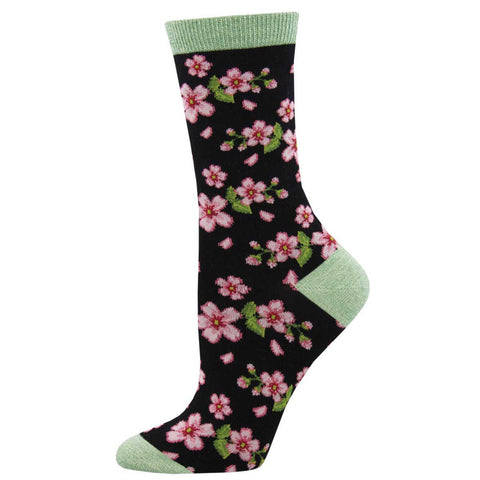 In Bloom, Cherry Blossoms (Black) Women's Bamboo Crew