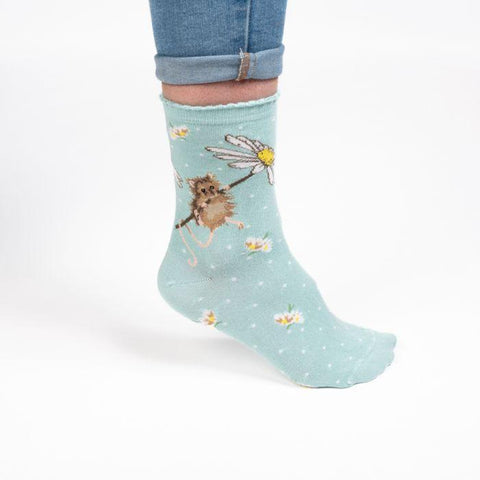 Oops A Daisy, Mouse (Aqua) Women's Bamboo Crew Socks