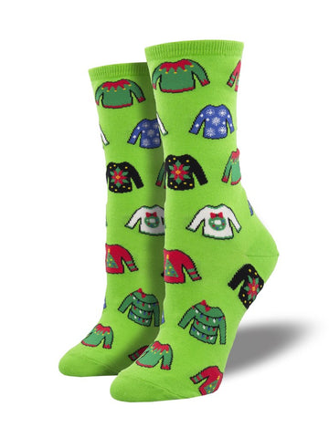 Ugly Holiday Sweaters (Green) Women's Crew Socks